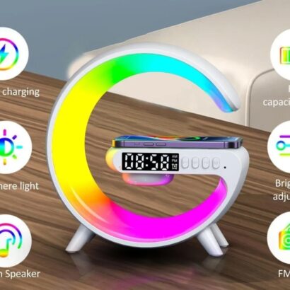 Haut-parleur Bluetooth intelligent Rechargeable – Réveil – Chargeur Sans Fil avec 15 W – Veilleuse LED RGB